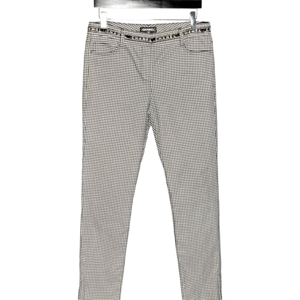 Chanel SS16 Navy Blue White Gingham Logo Waist Crop Trousers